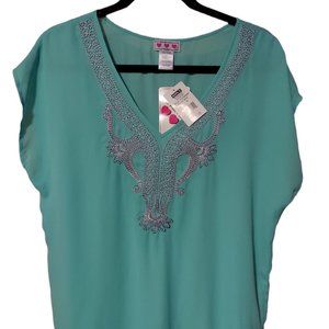 Three Pink Hearts Short Sleeve Blouse Women's Size XL